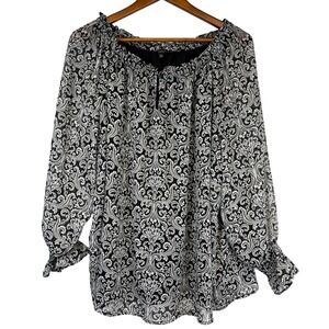 Talbots Plus Petite Black Scroll Print Sheer Blouse Off Shoulder Ruffle Neck 3XP
